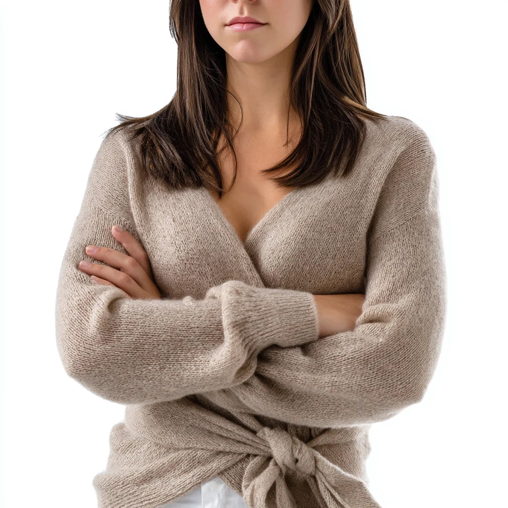 Women's Elegant Mohair Wrap Sweater Soft Knit Cardigan with Waist Tie Hooded Casual Style for Autumn Front Logo