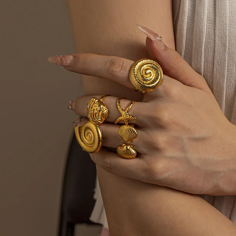 Trendy Ocean Style 18K Gold Plated Jewelry Conch Shell Starfish Stainless Steel Ring Set for Summer