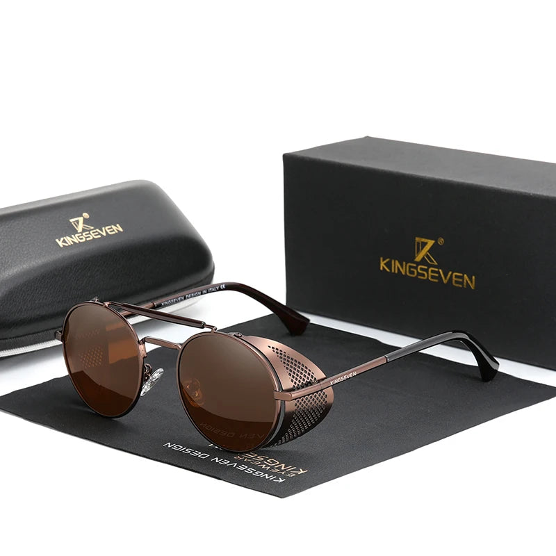 KINGSEVEN 2025 Men's Vintage Round Punk Sunglasses New Fashion Gafas De Sol Polycarbonate Lenses 7550