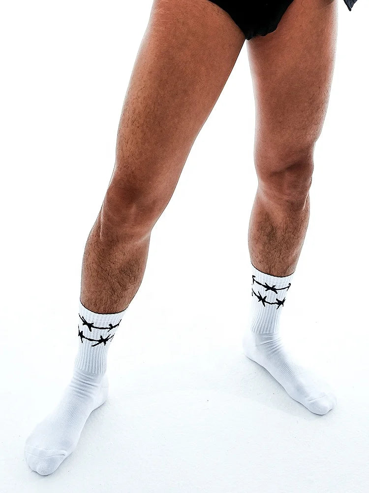 Custom Combed Cotton Athletic Socks Terry Bottom Crew with Logo on Cuff Bramble Chain Design Low MOQ