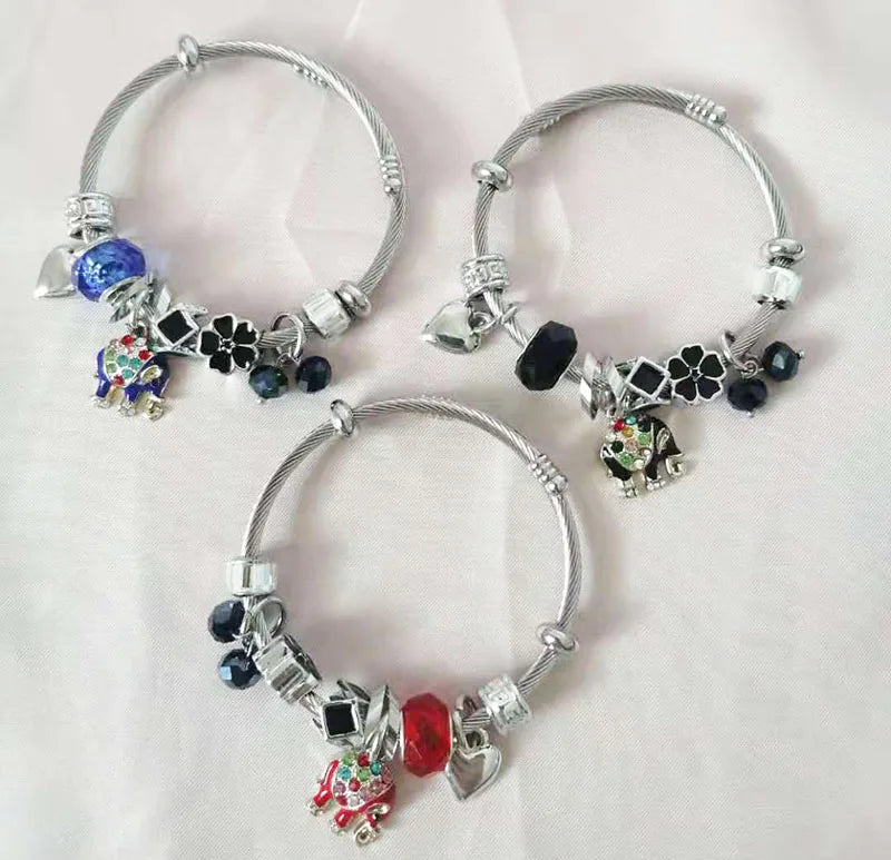 Fashion Wholesale Stainless Steel Bracelet Diamond Elephant Love Pendant Crystal Beaded Bracelet Jewelry for Women Girls