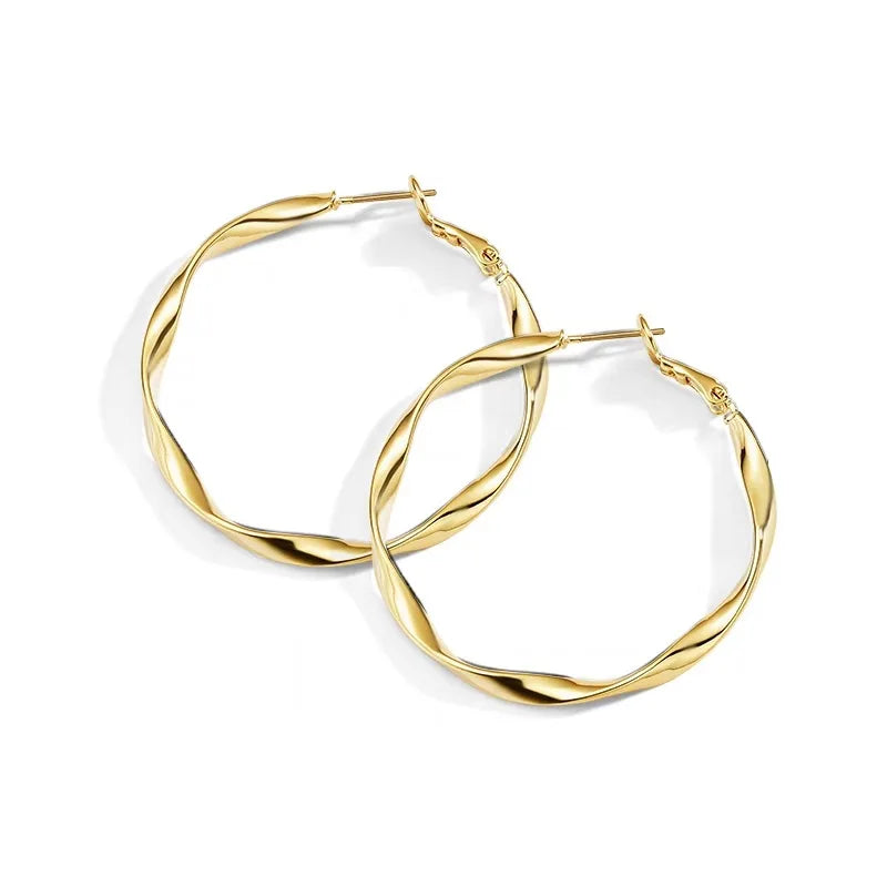 Girls 40mm 50mm Trending Gold Hoop Earrings Clip Geometric Textured Twisted Stainless Steel for Party Wedding Gift
