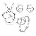Lvshang Cute Kitty Stud Earrings Cat Finger Ring Chain Necklace 925 Sterling Silver Jewelry Set for Women