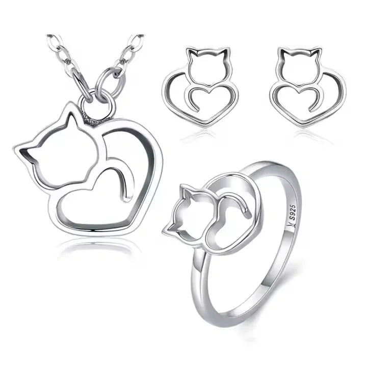 Lvshang Cute Kitty Stud Earrings Cat Finger Ring Chain Necklace 925 Sterling Silver Jewelry Set for Women