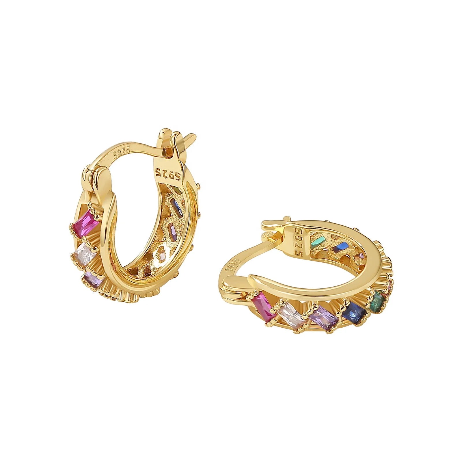 Nagosa Vintage 925 Sterling Silver Gold Vermeil rainbow baguette Cubic Zirrconia Huggie Hoop Earring