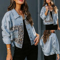 New Denim Coat Women Long Sleeve Coat Women Leopard Print Patchwork Top