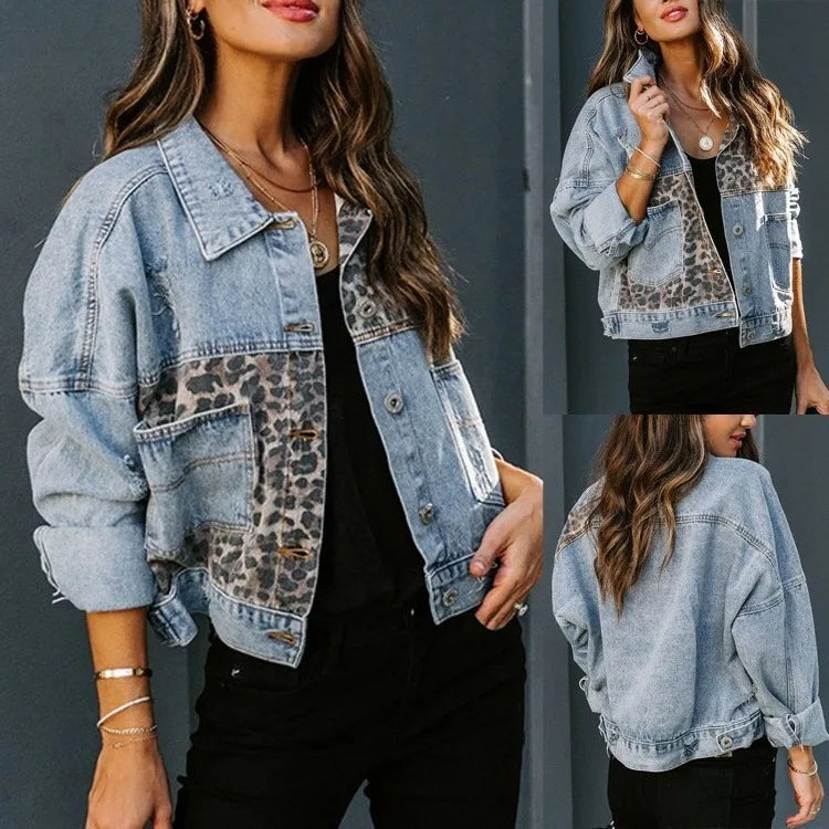 New Denim Coat Women Long Sleeve Coat Women Leopard Print Patchwork Top