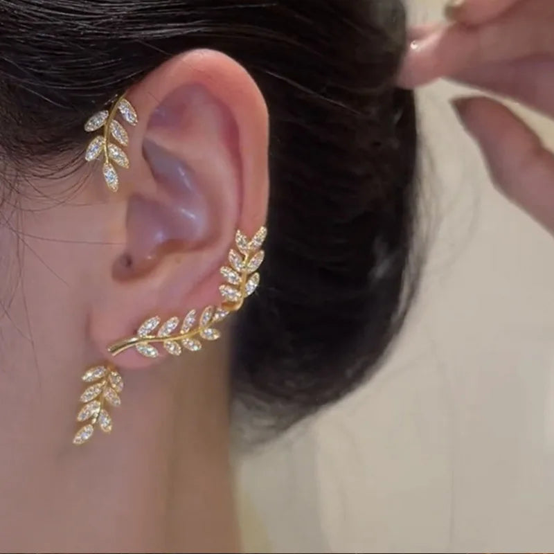 Tiktok Hot Selling No Ear Hole Leaf Pendant Gold Plated Full Drill Ear Hanging Earmuffs for Girls