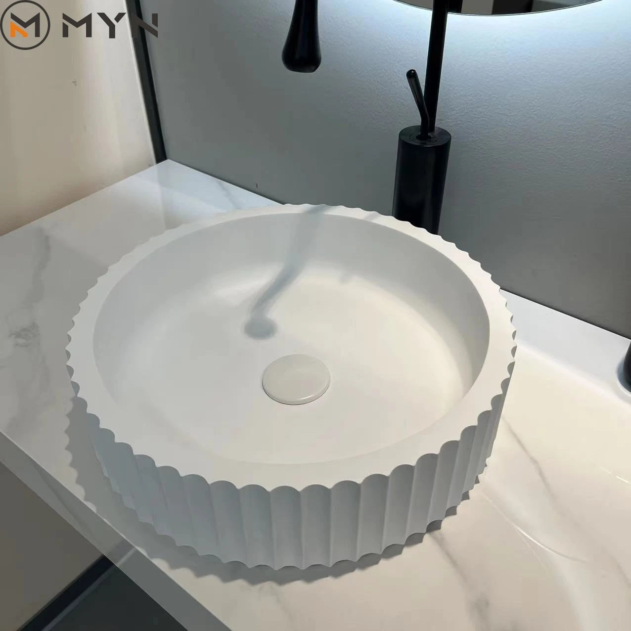 MYN Customize Color Bathroom Save Space Artificial Stone Groove Flute Solid Surface  Wash Basins With Sintered Stone Countertops