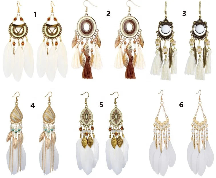Lanshang Fashion Drop Earrings Bohemia White Feathers Earring Seed Beads Womens Summer Jewelry