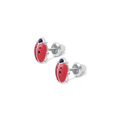Rhodium Plated Lovely Children Jewelry Red & Pink Ladybug 925 Sterling Silver Screw Back Earrings