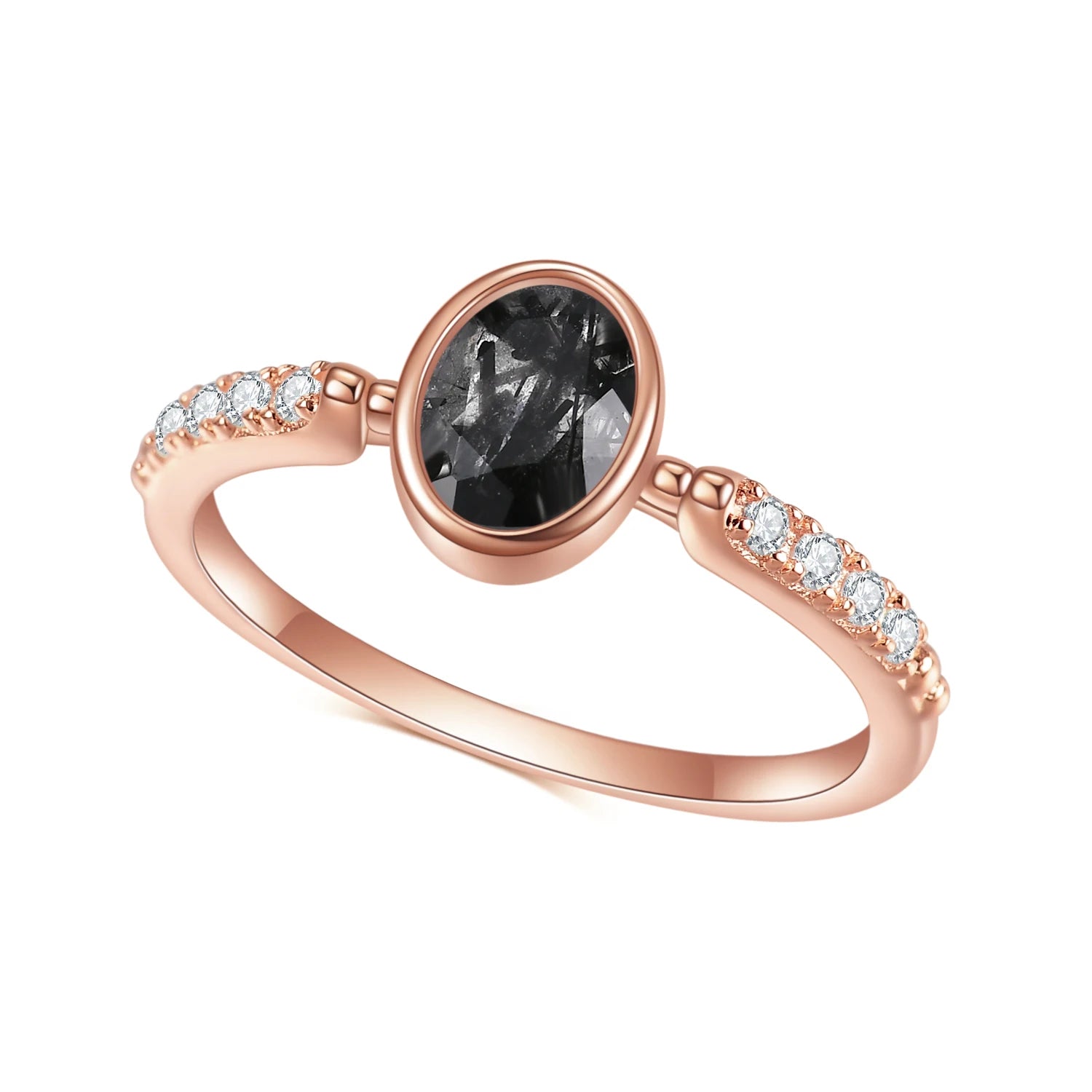 OL0910 Abiding Simple Design 925 Sterling Silver Oval Black Stone Rutilated Quartz Rings With Rose Gold Plating