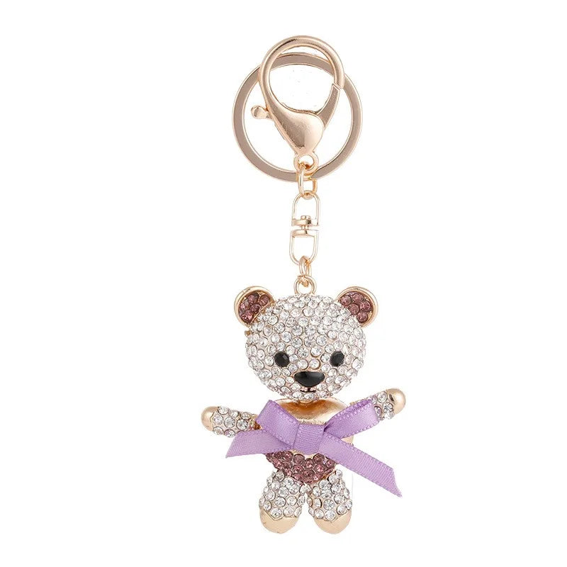 2023 Cute 3D Bear Shape Pendant Alloy Keychain with Rhinestones and Bowknot for Female Bag Pendant