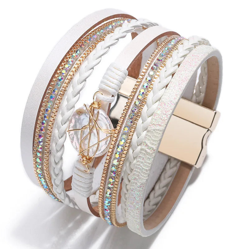 Wholesale Personality Baroque Pearl Shell Braided Bracelet Multilayer Handmade Crystal Zircon Magnetic Buckle Leather Bracelet