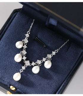Chandelier Necklace with Pearl 925 Sterling Silver Square Zirconia Pendant Stunning Statement Jewelry for Women