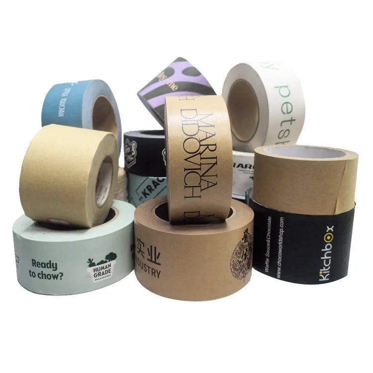 Custom Printed Eco-Friendly Water Activated Silicone Adhesive Reinforced Kraft Paper Tape for Carton Sealing