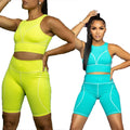 KY Women's Plus Size Gym Fitness Crop Top and Biker Shorts Set Sport Contrast Stitching for Running