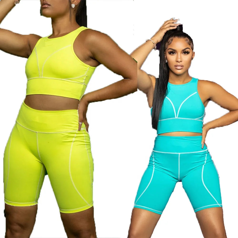 KY Women's Plus Size Gym Fitness Crop Top and Biker Shorts Set Sport Contrast Stitching for Running