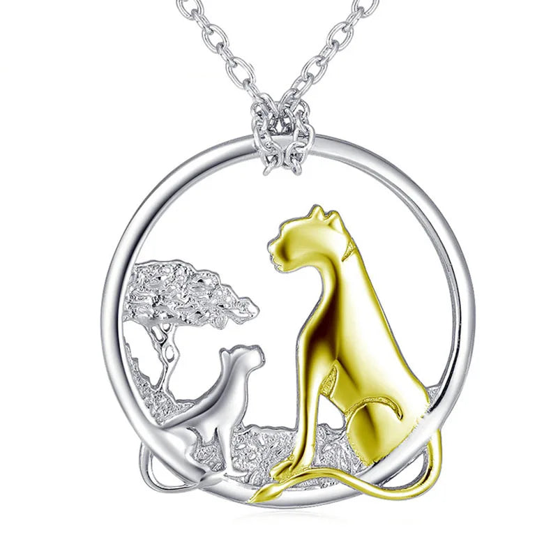 Fine Jewelry 925 Sterling Silver Gold Plated Animal Leopard Mother and Son Pendant Necklace for Women