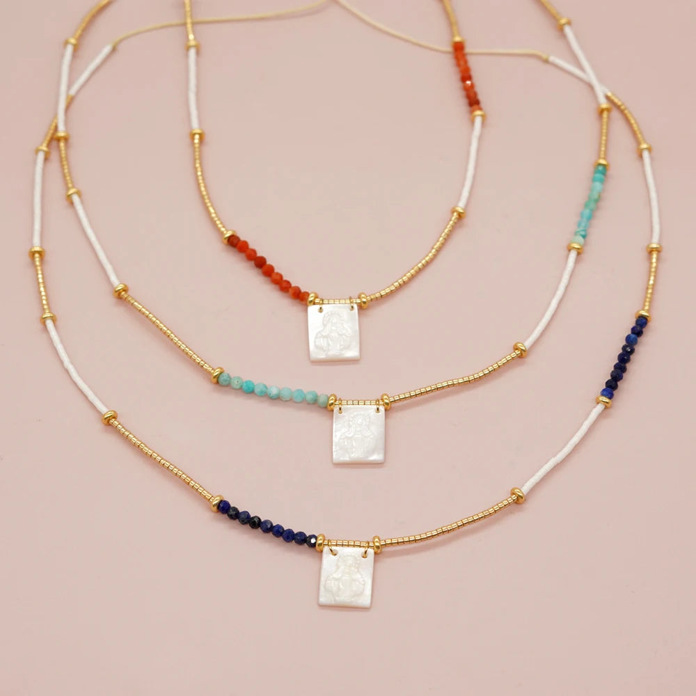 Go2boho New in Virgin Mary Shell Pendant Necklace Boho Summer Gold Plated Miyuki Natrual Stone Bead Adjustable Handmade Jewelry