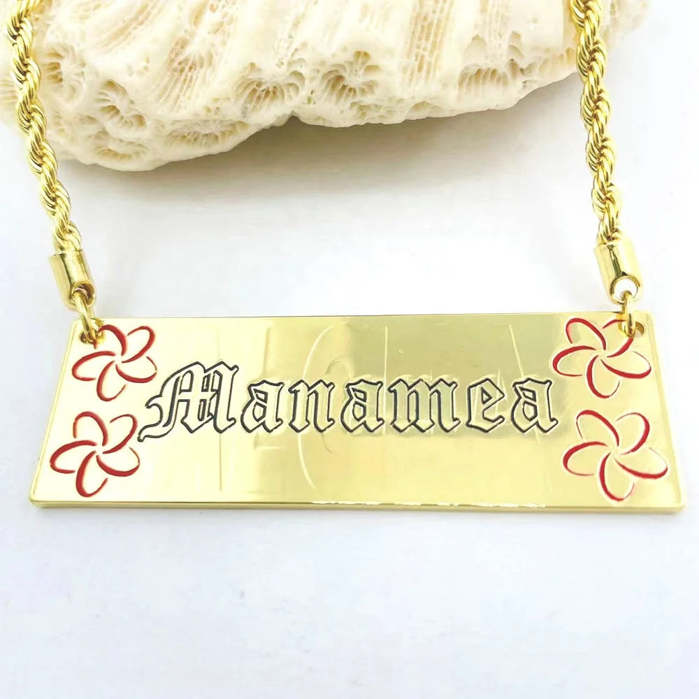 3D Engraved Name Necklace Black Enamel Nameplate with Rope Chain for Women Girl Kids Hawaiian Samoan Gifts Jewelry Wholesale