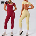 RUIQUWIN Fitness Women Integrated Jumpsuit Short Sleeve Solid Color Yoga Jumpsuit Training Wear Gym Workout Fitness Clothes