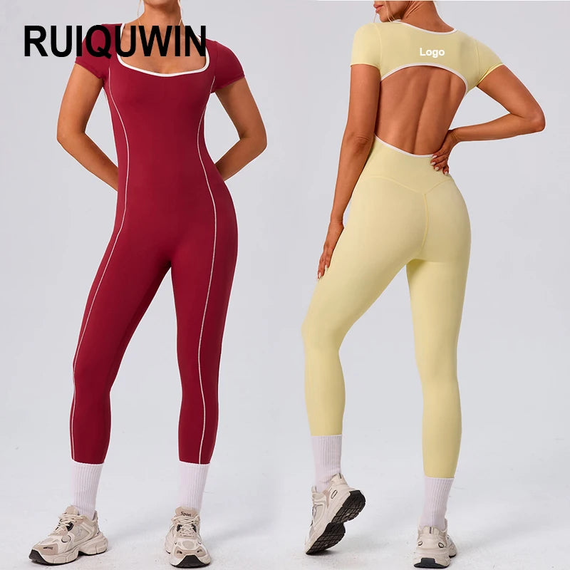 RUIQUWIN Fitness Women Integrated Jumpsuit Short Sleeve Solid Color Yoga Jumpsuit Training Wear Gym Workout Fitness Clothes