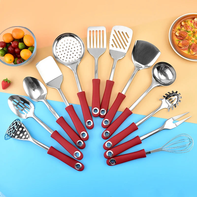 Stainless Steel Kitchen Utensils Set with Soft Touch TPR Handle Plated Ring Utensils Set From Durable Metal Material