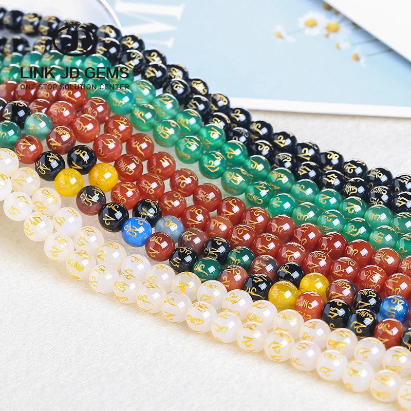 JD GEMS Wholesale Natural Rainbow Agate Black Onyx Carnelian Buddha Tibetan Round Stone Loose Beads for Bracelets Making