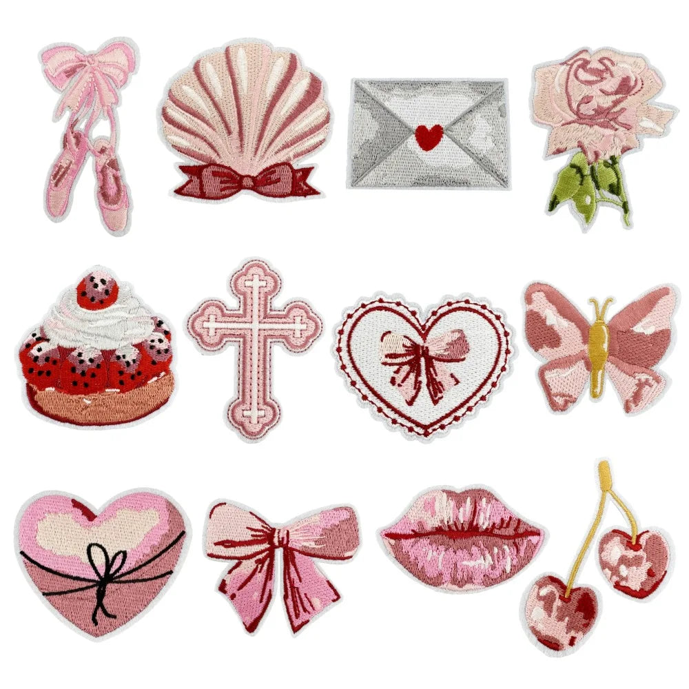 Fashion pink Style Embroidered Eco-Friendly Nonwoven Felt Iron Ballet Shoes butterfly Bowknot Lip Rose Patch for Clothing Hat