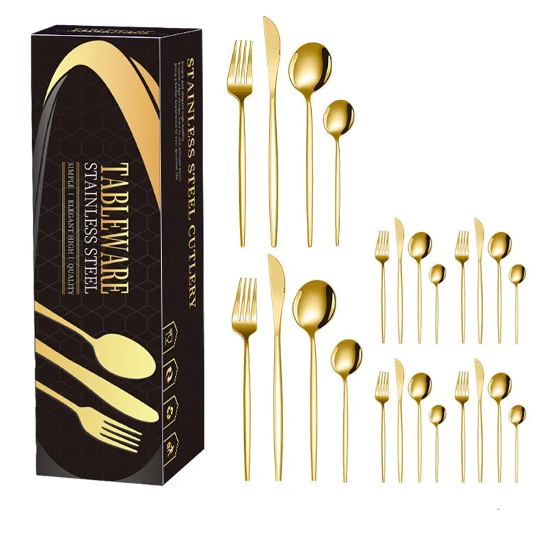 Wedding Black Flatware Set Portuguese  Stainless Steel Silverware Gold Matt Cutlery