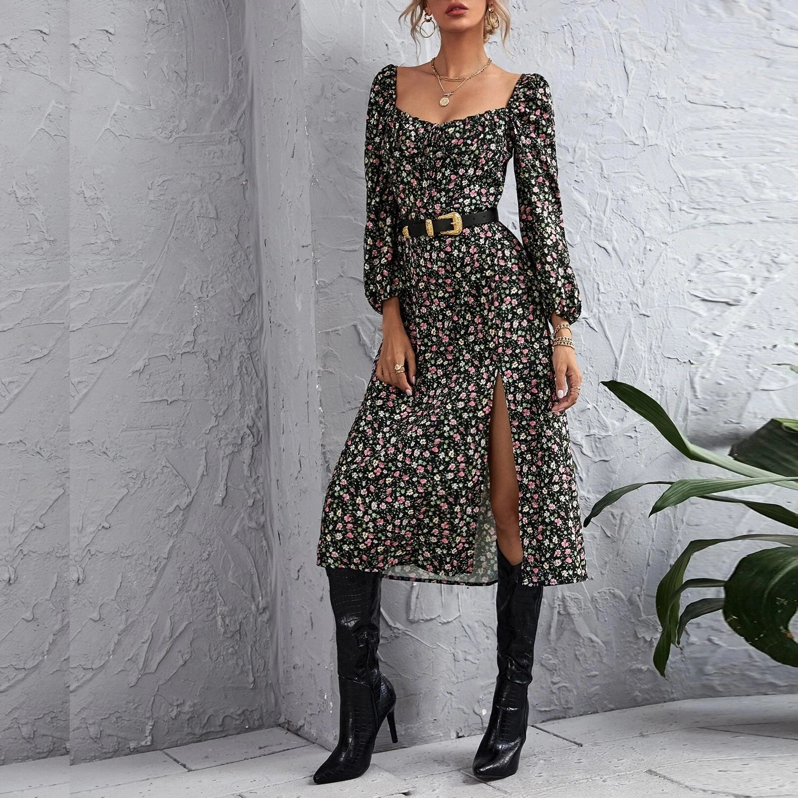 2020 Custom Spring/summer Floral Dress Women Ruffle Sleeve a Line Dress Floral Printed Long Split Dress for Women
