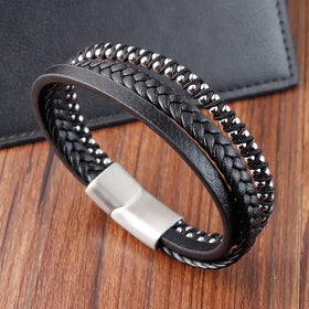 High Quality Handmade Stainless Steel Magnetic Clasp Beads Braided Genuine Leather Bracelet Bangle for Men Jewelry