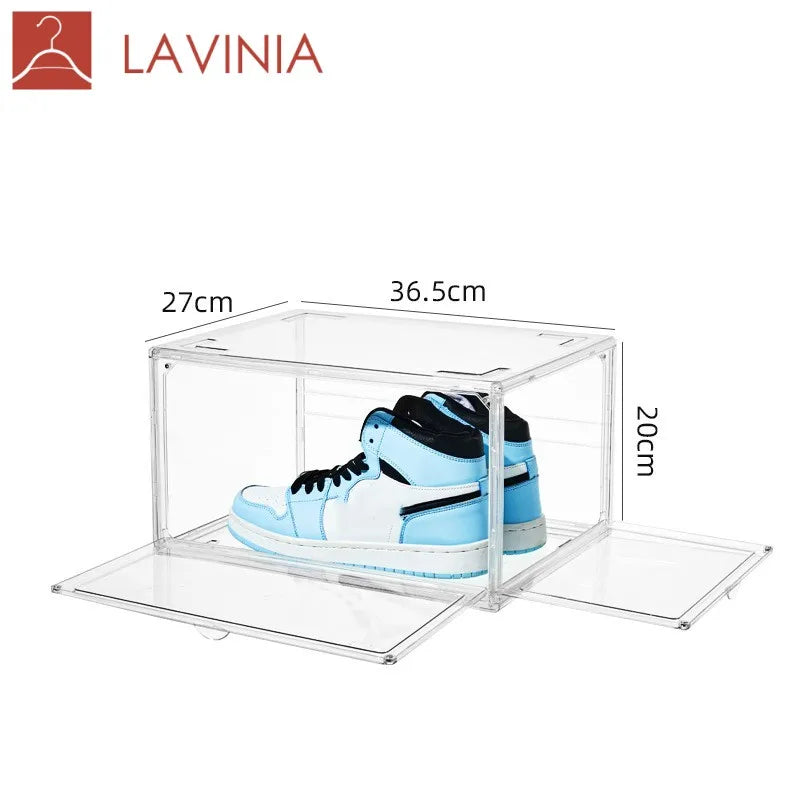 Lavinia Wholesale PP Stackable Storage Container Custom Folding Installation Free Sneaker Shoe Box Foldable Dustproof Shoe Rack