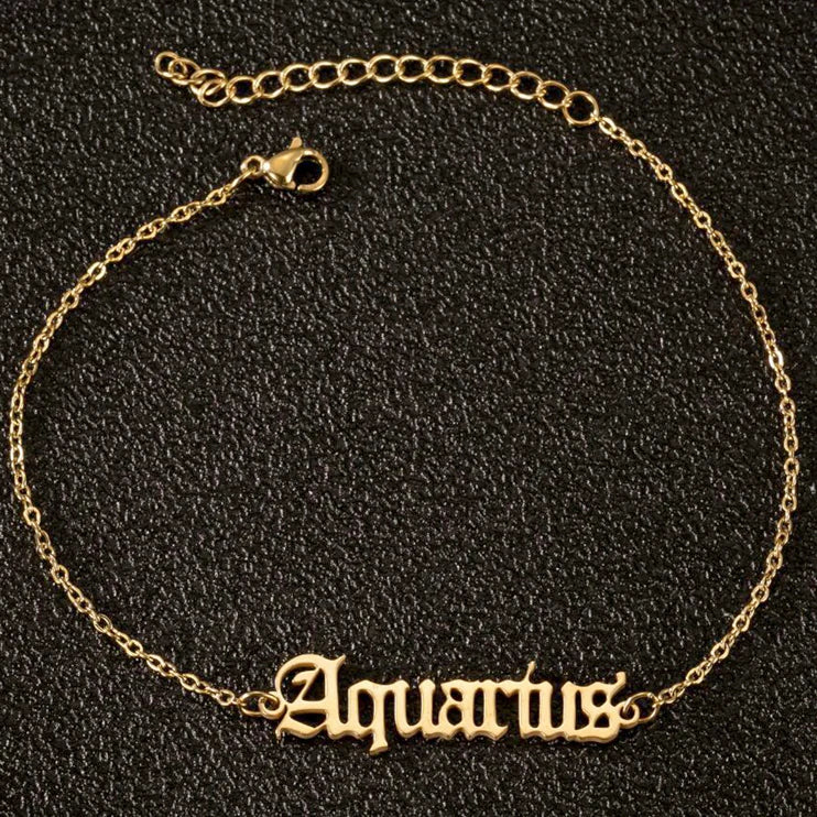 Fashion Tarnish Free 18k Gold Plated Old English Stainless Steel 12 Zodiac Sign Anklet Foot Jewelry for Women