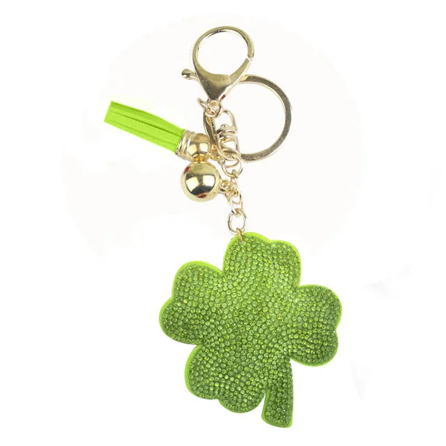 Four Leaf Clover Rhinestone Tassel Pendant Keychain Korean Velvet Bling Rhinestone Keyring for Women Girls