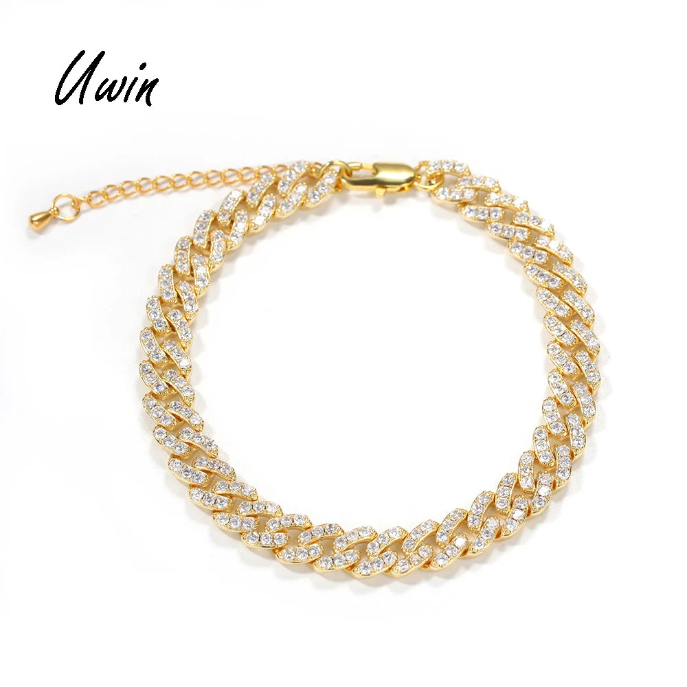 New Adjustable Women's 9mm Miami Cuban Chain Anklet Bracelet Brass with Zircon Stone for Party Cuban CZ Jewelry