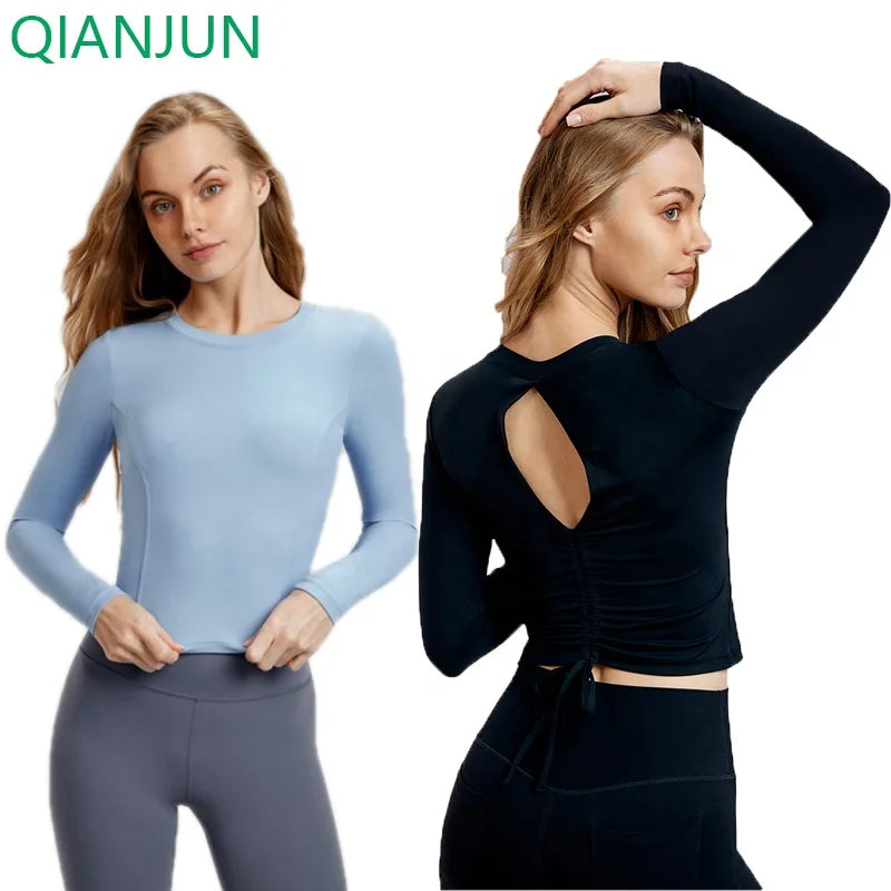 Wholesale Women's Hollow Out Yoga Fitness Tops Breathable Running Yoga Sports Long Sleeve Crop Tops