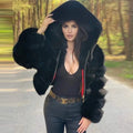 Factory Wholesale Black Fox Fur Coat With Hood Women Luxury Fluffy Fur Cropped Jacket Winter Natural Fur Short Coat