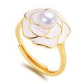 Wholesale 18k Gold Plated Camellia Elegant Natural Freshwater Pearl Ring Jewelry Women