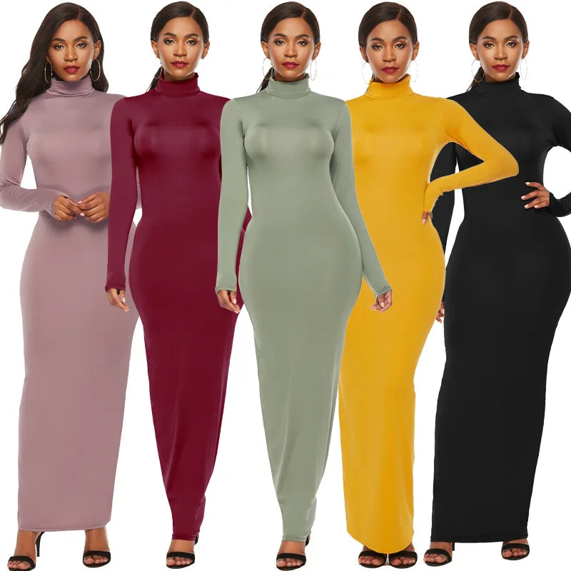 Women's Fashion Tight Dress Long Sleeve Autumn New Style High Collar Pure Color Natural Waist Long Skirt Woven Washable