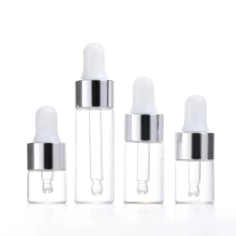 Luxury Transparent Gold Glass Vials 1ml 2ml 3ml 5ml Essential Oil Bottles Silver Aluminum Cap PP Dropper Customizable Cosmetic
