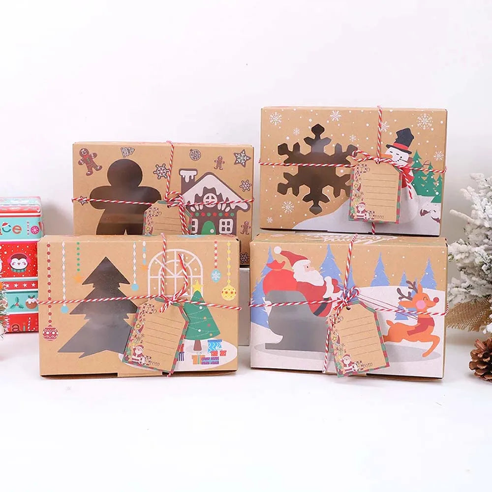 4 Pcs/Pack Transparent Clear Window Gift Cookie Packaging Boxes Kraft Paper Christmas Box for Xmas New Year Package