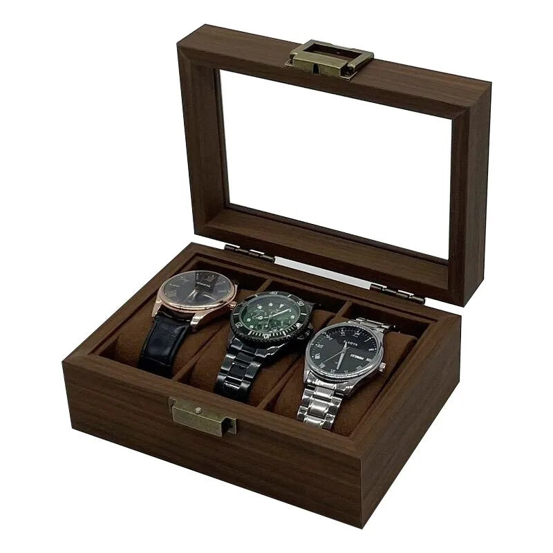 New Design 3 Slot Retro Dark Walnut Color Wooden Watch Display Box with Brown Velvet Interior