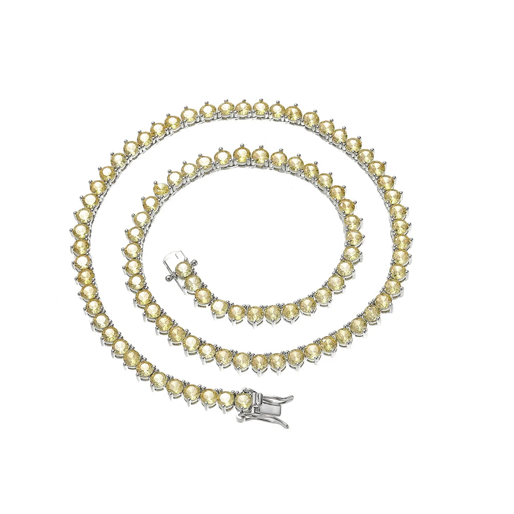 BC157  4mm Brass Setting CZ 3 Prong Tennis Chain Necklace Silver Color Yellow Zircon Women Necklace