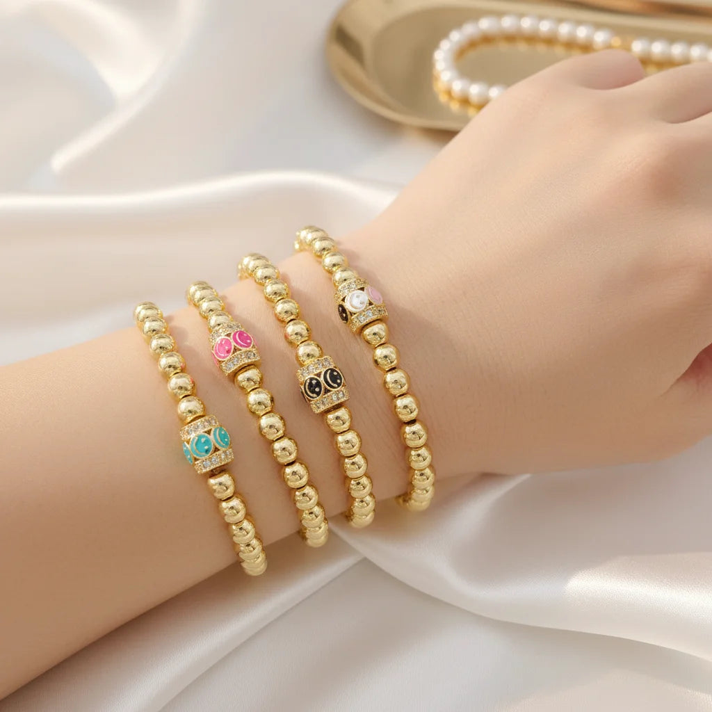 BC1401 18K Gold Plated Ball Beaded Elastic Bracelet | CZ Pave Enamel Smile Face Jewelry for Women