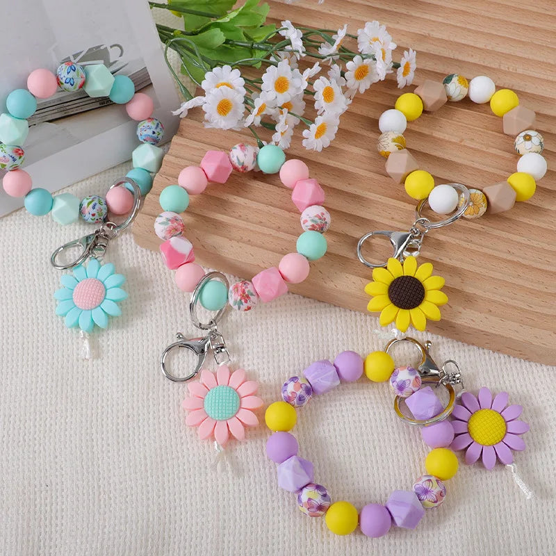 Custom Colorful Flower Silicone Beaded Bracelet Keychain Wholesale Sunflower Wristlet Keychain