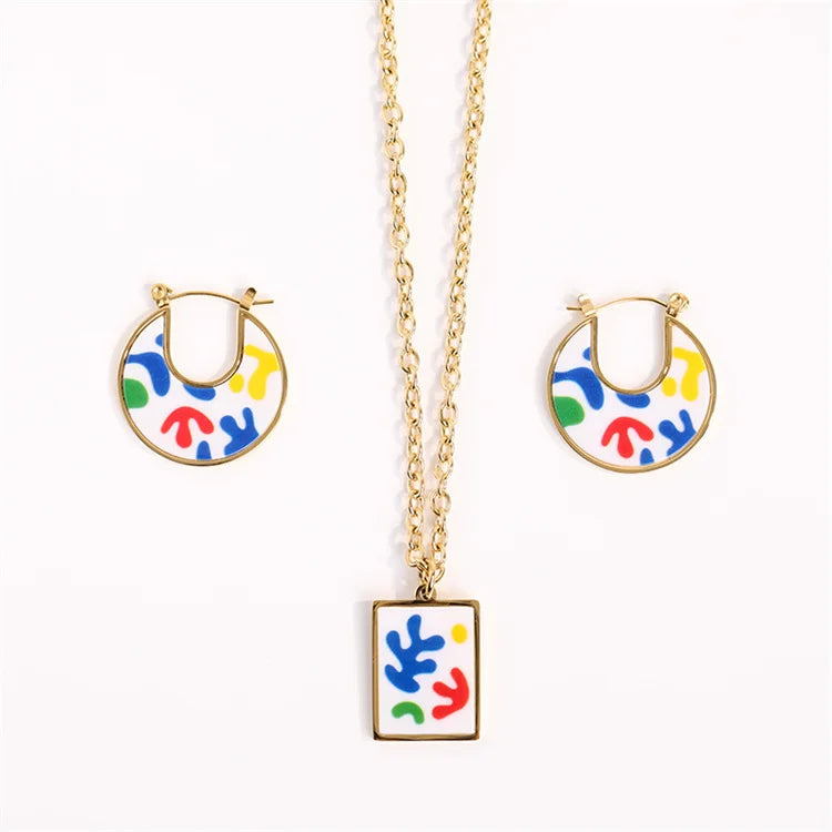 Colorful Enamel Abstract Art square Stainless Steel Necklace Fashion Jewelry Set