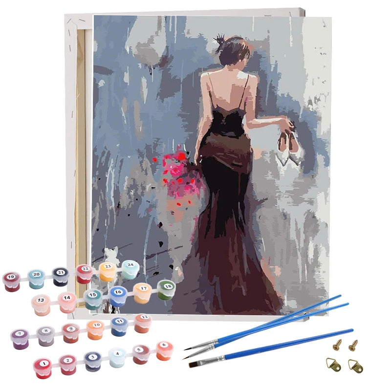 Framed Painting by Numbers Portrait Black Dress Lady Custom Paint by Numbers DIY Art Decor Painting by Numbers Kit