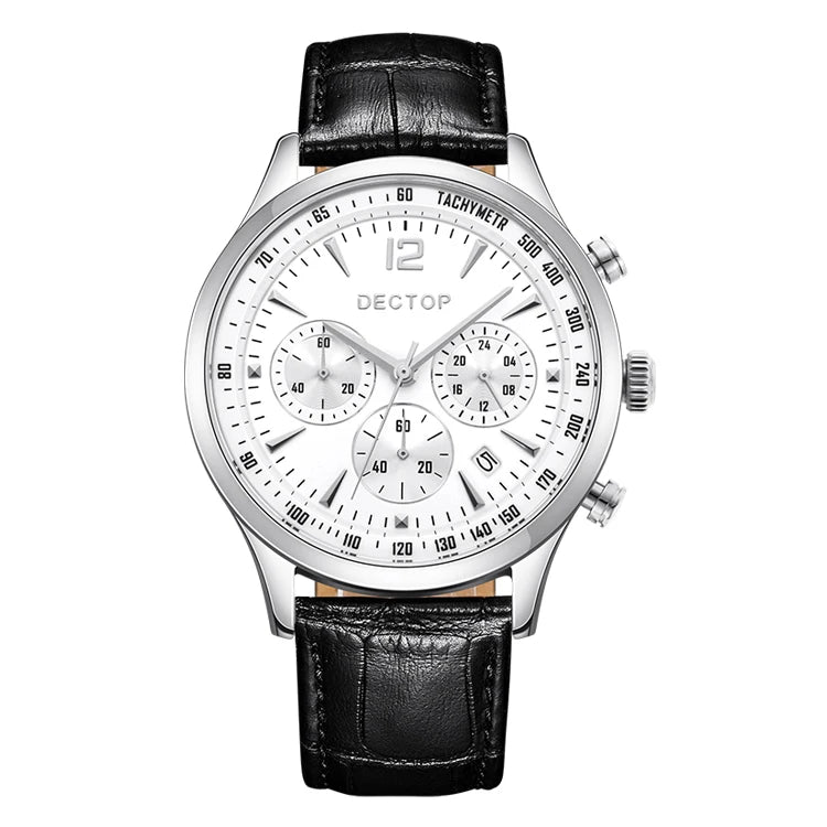 Low MOQ Luxury Japan Movement Three Eyes Water Resistant Black Leather Band Stainless Steel Case Customized Quartz Watch MegaBDM